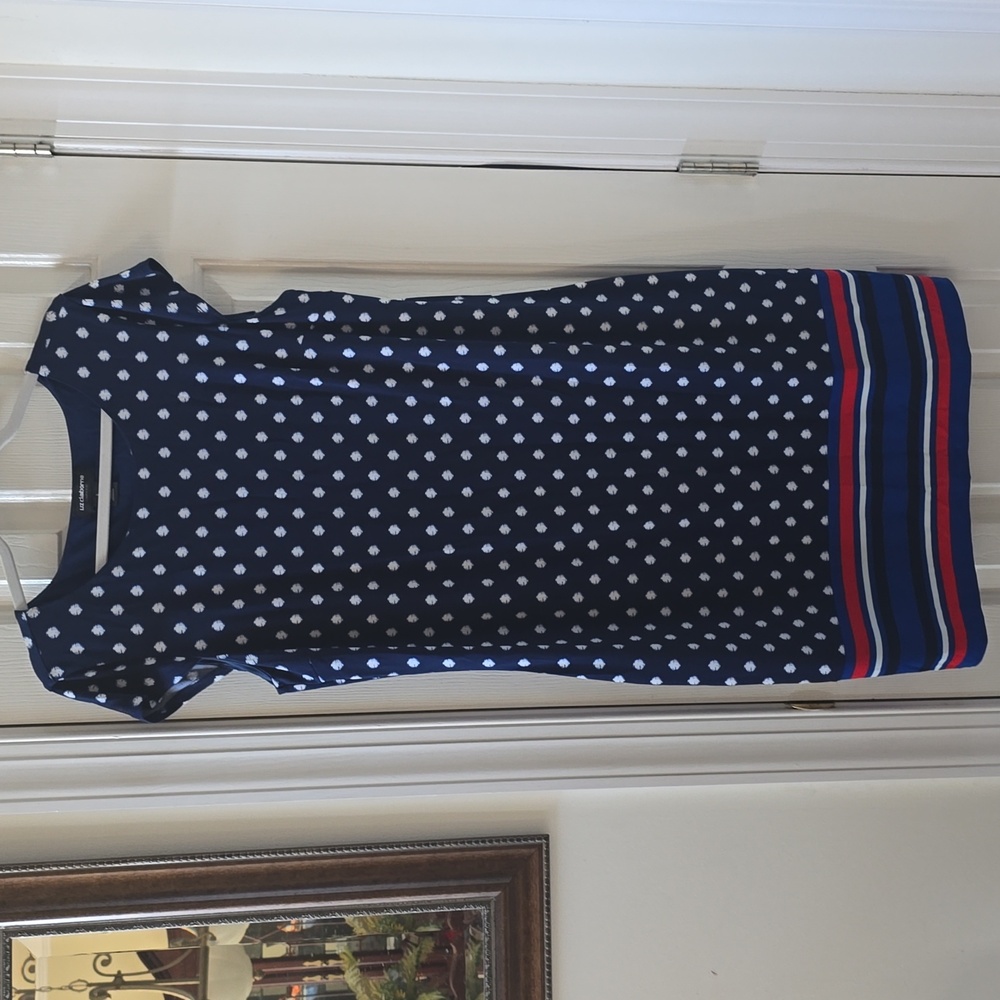 LIZ CLAIBORNE WOMENS BLUE & WHITE SYMMETRICAL SMALL CAP SLEEVES DRESS SIZE LARGE